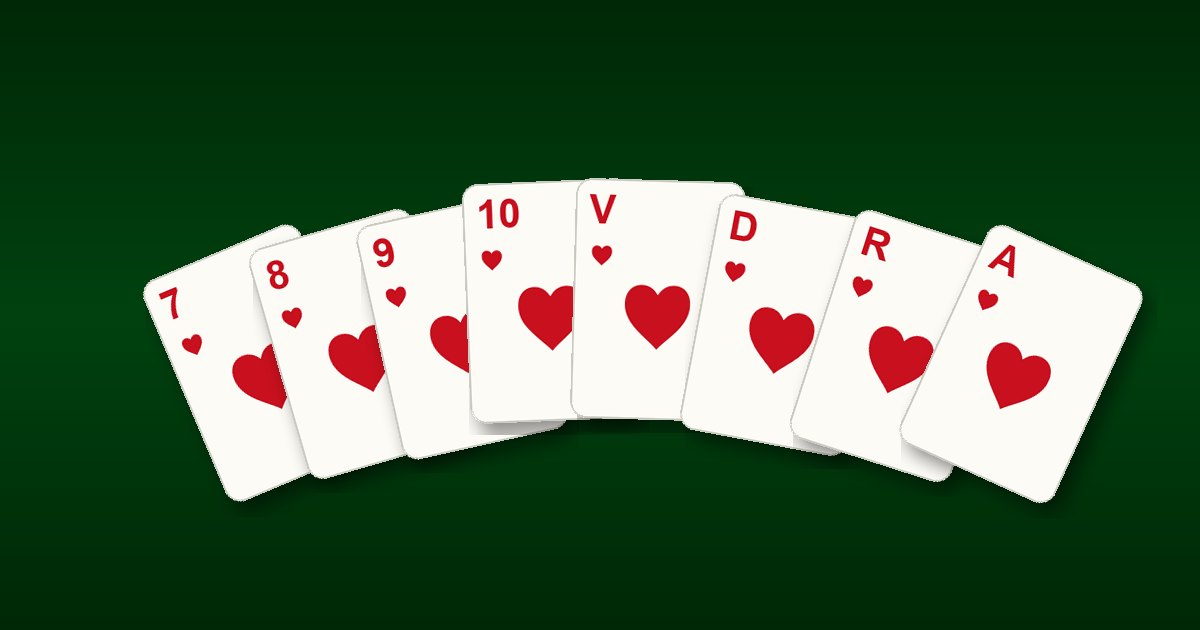 Cartes de cœur de la coinche étalées, du Sept à l’As